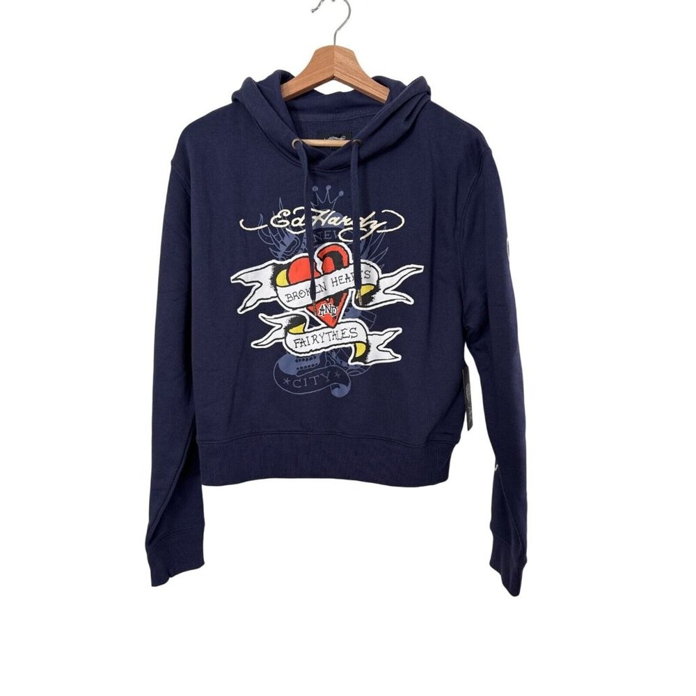 Y2K style Ed Hardy Womens Navy Blue Graphic Hoodie Sweatshirt Pullover Size L